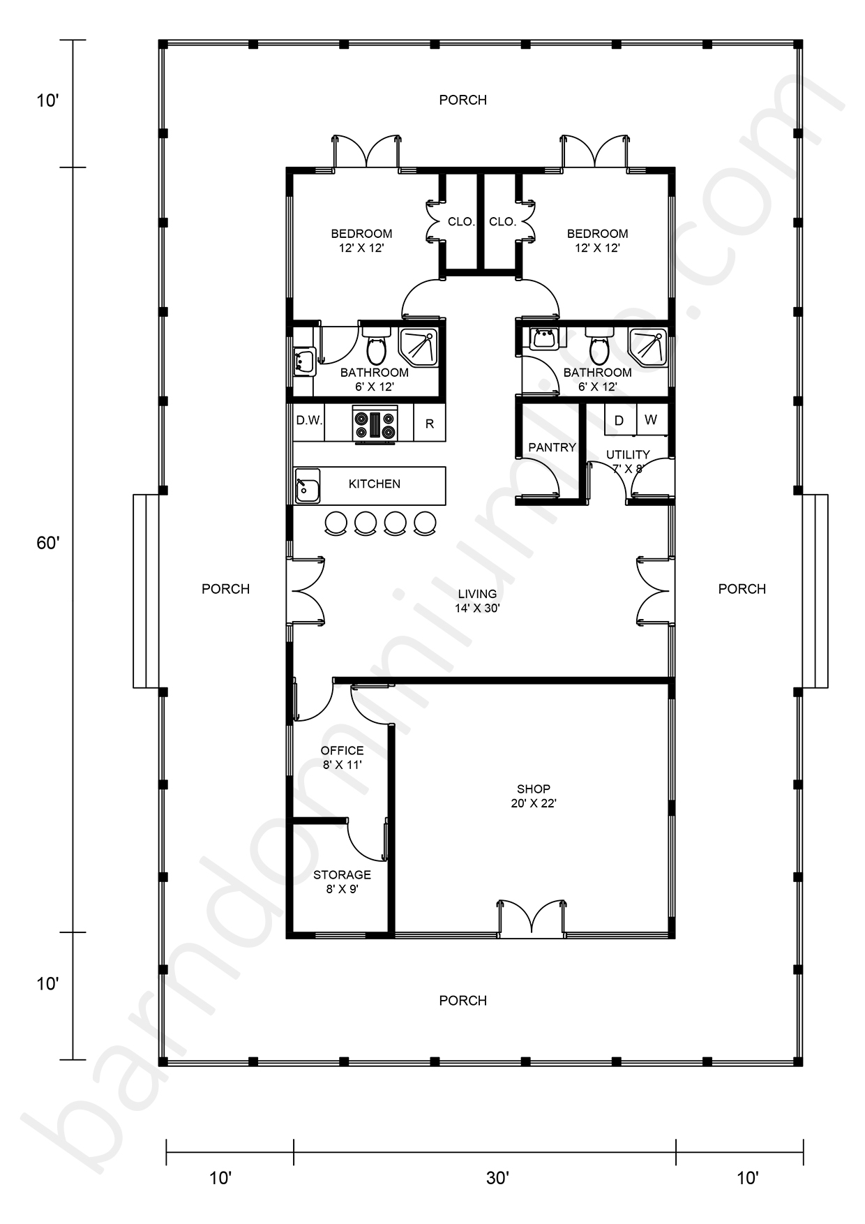 Barndominium Floor Plan With Covered Porch In Barndominium Floor My   FLOOR PLAN 41 4 SIDES PORCHES 1 