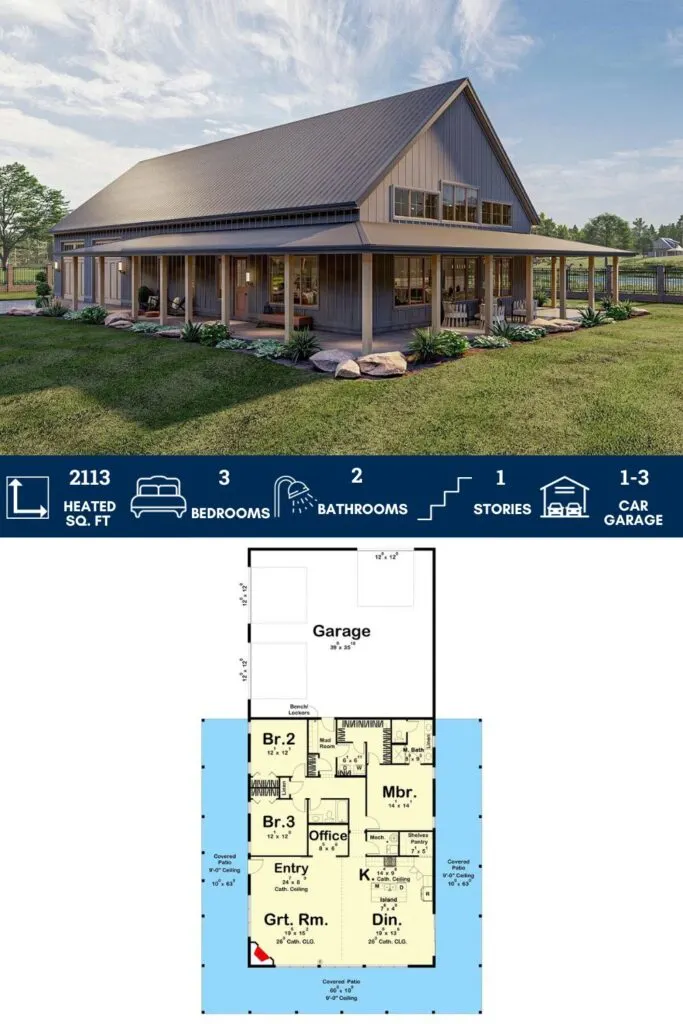 1-Story Barndominium Style House Plan with Massive Wrap Around Porch