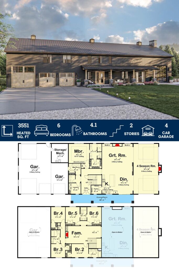 6-Bedroom Barndominium-Style Home Plan with 4-Seasons Room