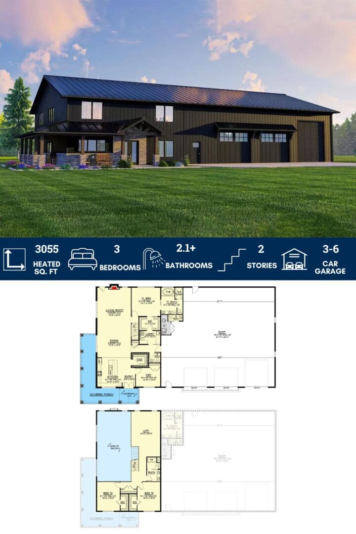 3-Bed Barndominium-Style House Plan with Oversized Shop and Wraparound ...