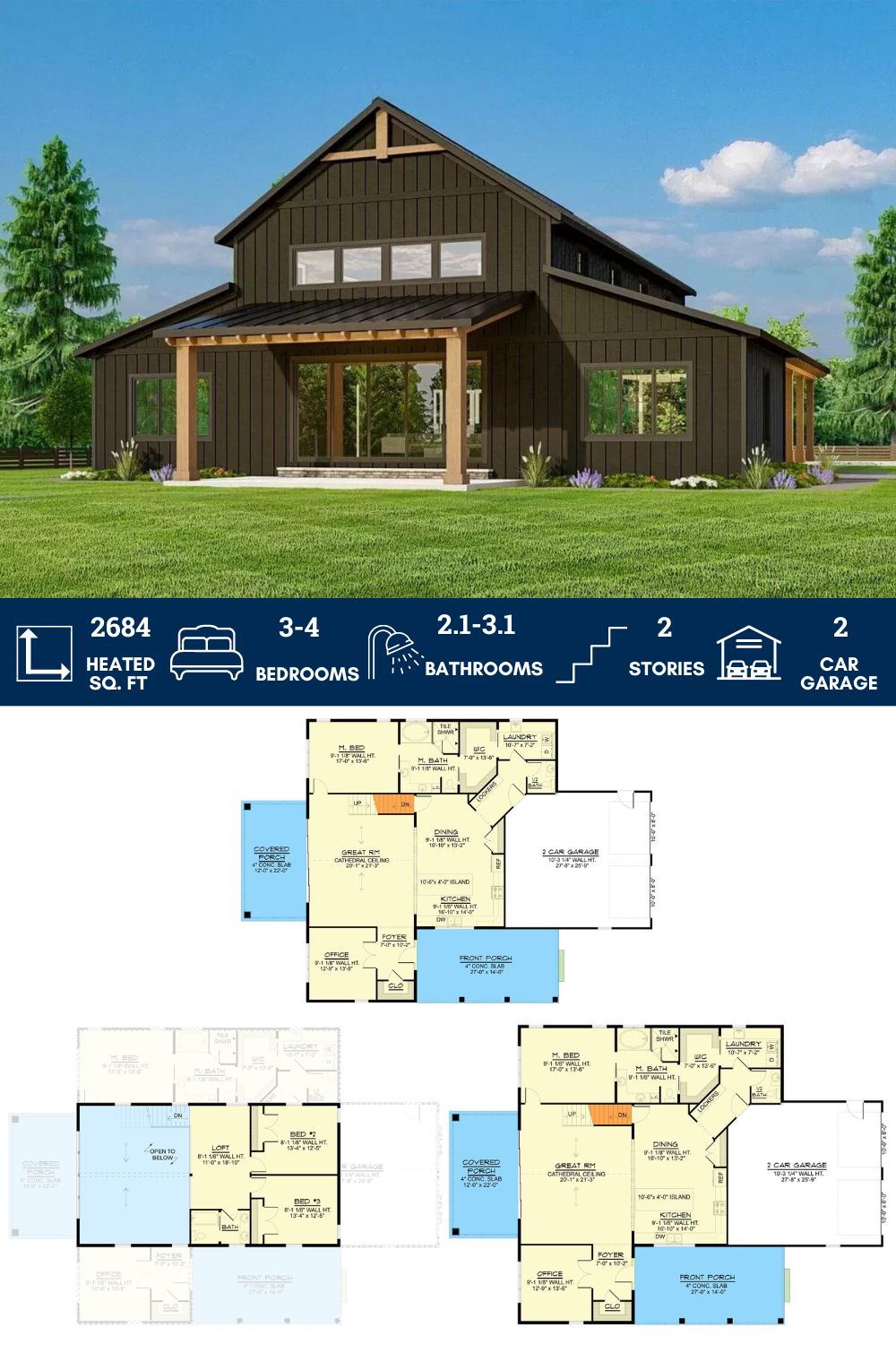 Barndominium-Style House Plan with 2-Car Garage and Optionally Finished ...