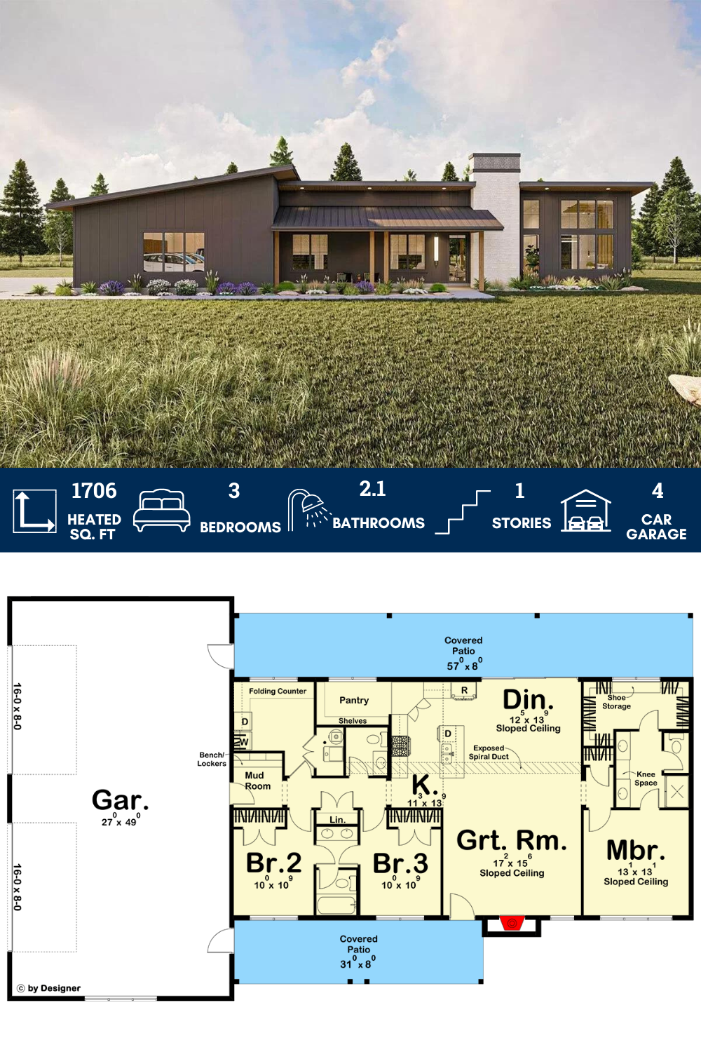 1700 Square Foot Modern Barndominium-Style House Plan