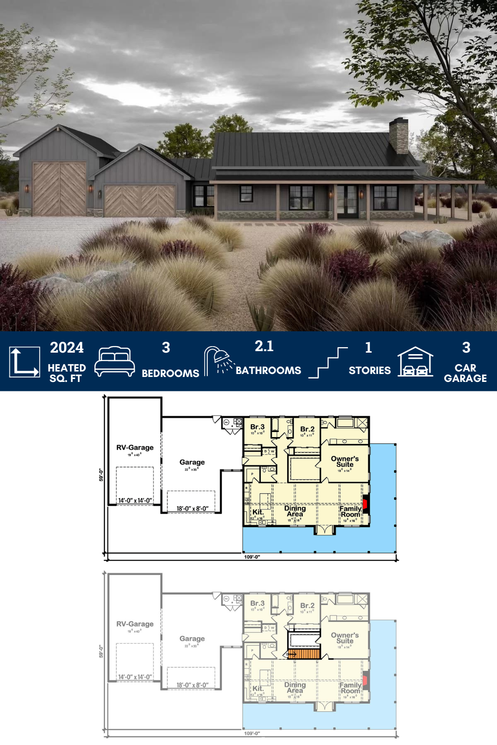 3 Bed Barndominium-Style House Plan with 10-Foot-Deep Wraparound Porch ...